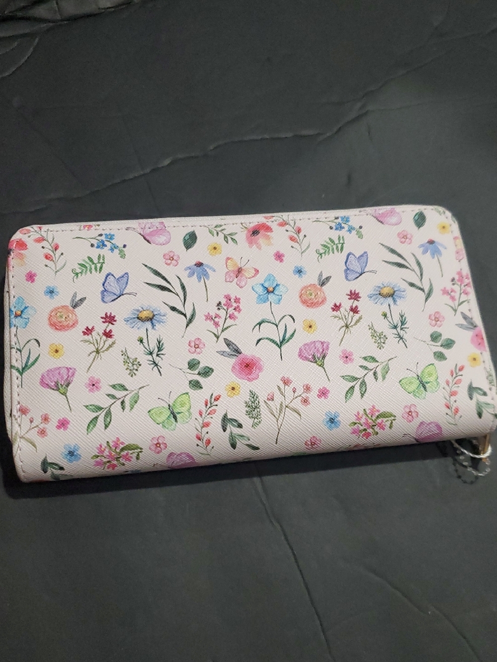 Garden flowers and butterflies printed coated canvas white‎ zip around wallet